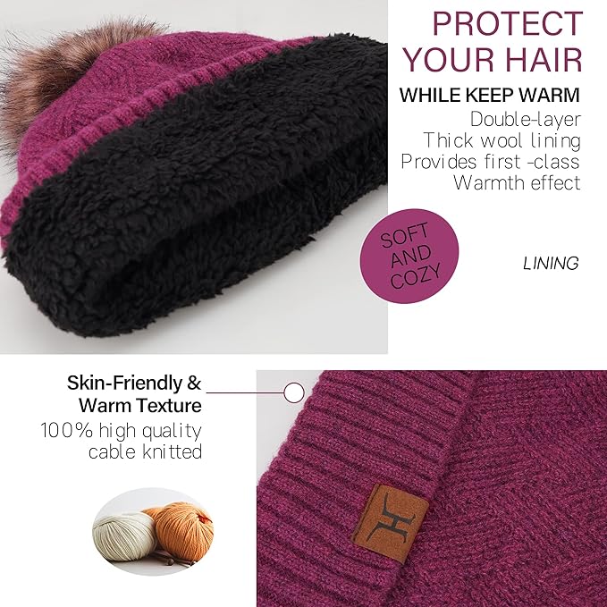Womens Winter Warm Knit Beanie Hat Long Scarf Touchscreen Gloves Set with Fleece Lined Pom Skull Cap Gifts for Women