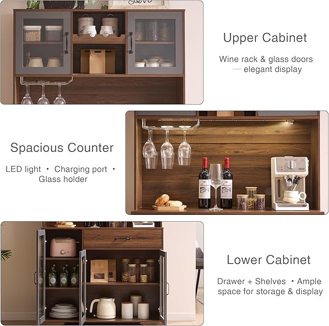 Fatmok 71" Pantry Cabinet with Wine Rack and Charging Station, Set of 2 Tall Coffee Bar Cabinets with LED Lights, Drawer, Adjustable Shelves, Kitchen Hutch Storage, Rustic Brown