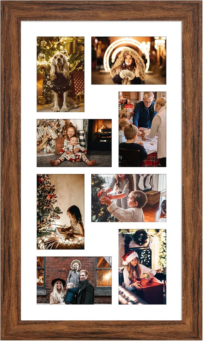 11.8x21.8 Picture Frame Display 8 opening 4X6 Picture Frame Collage,Multi Photo Frame with Mat,Plexiglass,Wall or Tabletop Decor,Carbonized Brown Wood Grain
