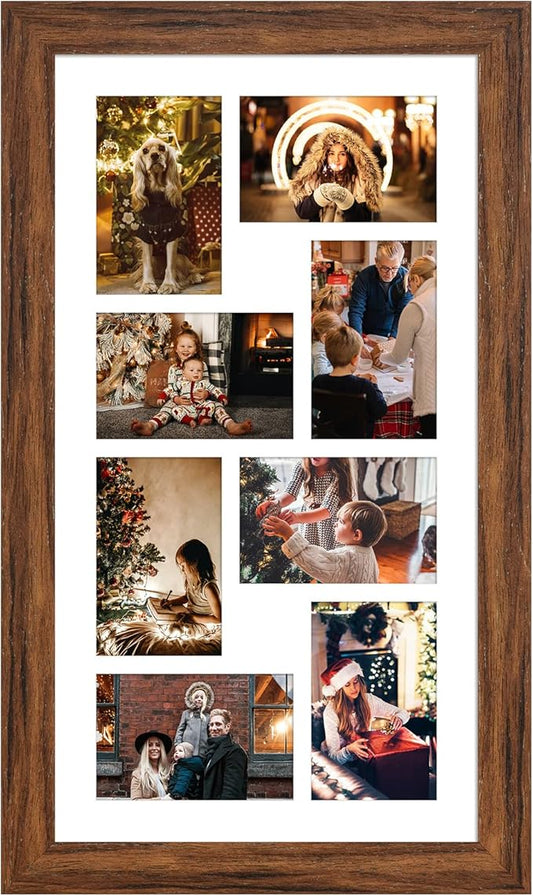 11.8x21.8 Picture Frame Display 8 opening 4X6 Picture Frame Collage,Multi Photo Frame with Mat,Plexiglass,Wall or Tabletop Decor,Carbonized Brown Wood Grain