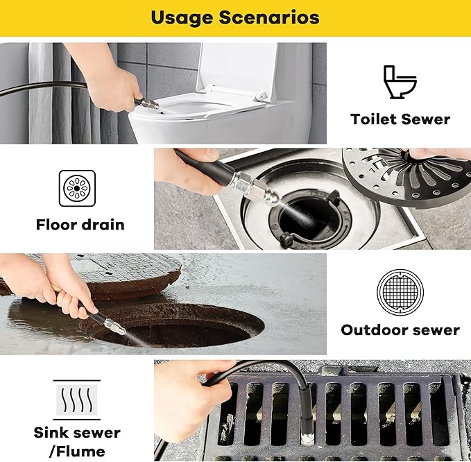 Pressure Washer Drain Jetter – Sewer Jetter Kit for Pressure Washer 100ft 1/4 Inch NPT Hose Nozzles and Adapter 5800PSI Clears Clogs in Pipes & Sewer Lines