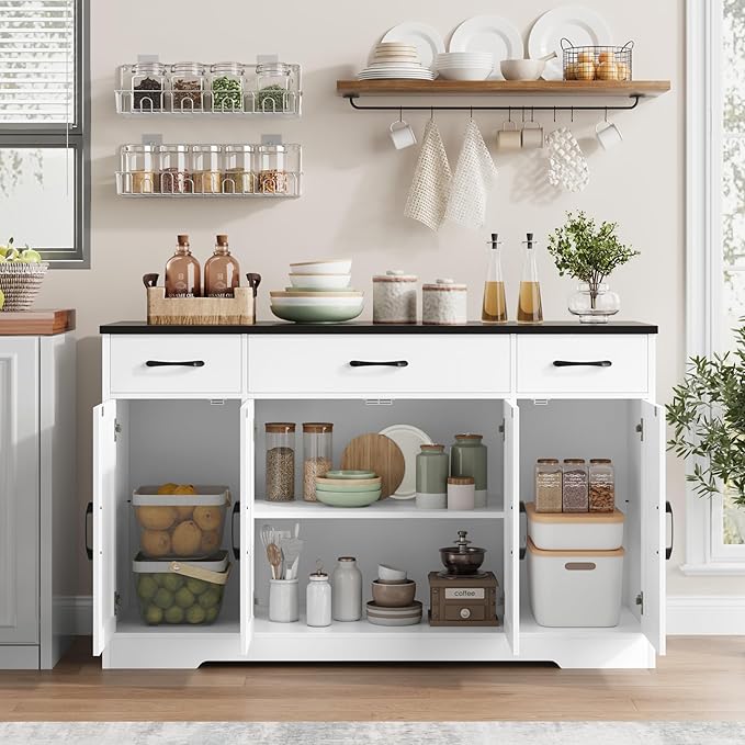 HOSTACK Buffet Sideboard Cabinet with Drawers, 55" Large Buffet Storage Cabinet with Shelves and Doors, Modern Farmhouse Coffee Bar Station Wood Kitchen Table for Kitchen, Dining Room, White/Black