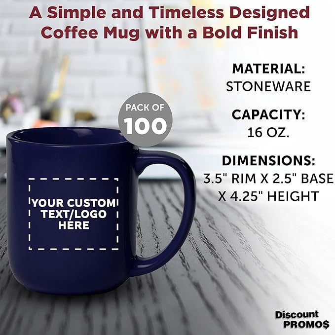 DISCOUNT PROMOS Custom Vibrant Color Glossy Ceramic Mugs 16 oz. Set of 100, Personalized Bulk Pack - Perfect for Tea, Espresso, Cappuccino, Hot Cocoa - Cobalt Blue