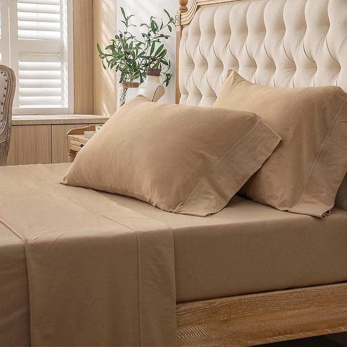 PURE ERA Jersey Knit 4pc Bed Sheet Set 100% T-Shirt Cotton Super Soft Comfy Breathable Fits Mattress Up to 20" Extra Deep Pocket (Solid Toffee Brown, King)