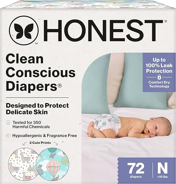 The Honest Company Clean Conscious Diapers for Delicate Skin Up to 100% Leakproof Hypoallergenic Fragrance-Free Baby Gender Neutral Prints Club Box Size Newborn 72 Count (Prints