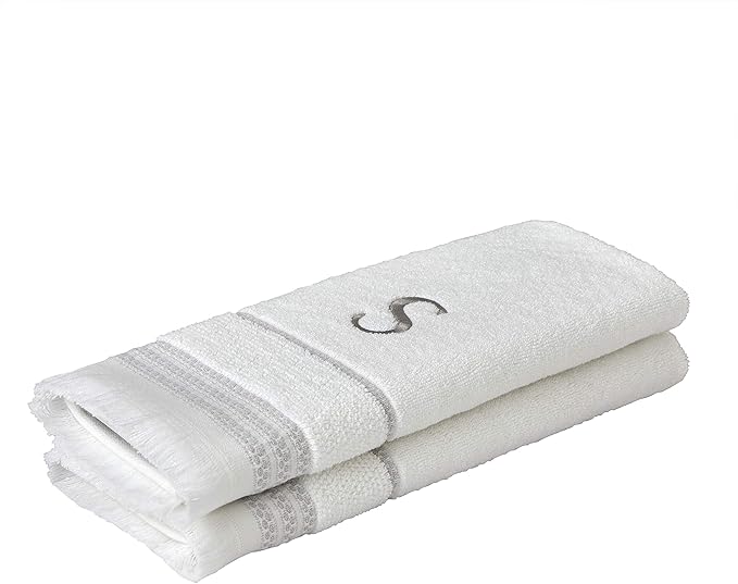 SKL Home Casual Monogram Hand Towel Set, S, 16x26, White 2 Count