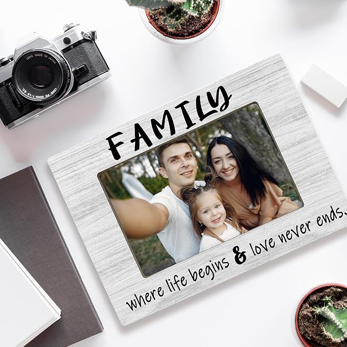 Family 4x6 Picture Frame, Family Reunion Gifts Photo Frame, Where Life Begins Love Never Ends Wooden Picture Frames for Wall or Tabletop Display