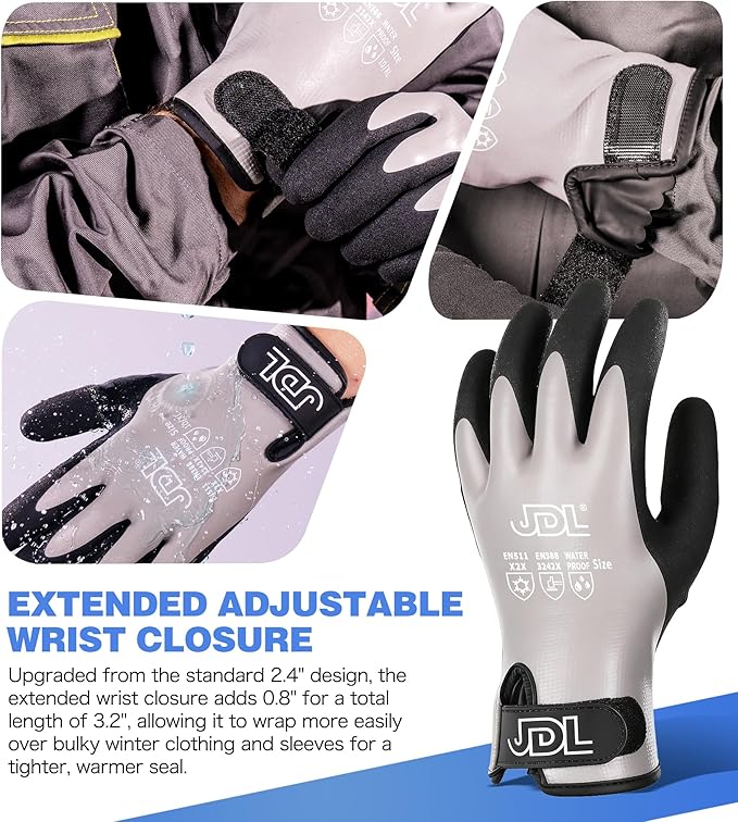 JDL 100% Waterproof Winter Work Gloves for Men & Women, Thermal Insulated Freezer Gloves for Cold Weather, Super Grip Palm