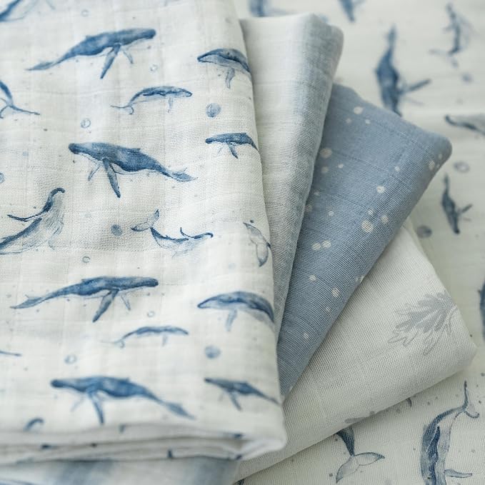Muslin Swaddle Blankets for Newborn, 4 Pack Organic Cotton Baby Blankets for Boys, Large 31.5 x 43.3 Breathable Soft Receiving Blanket, Essentials Swaddle Wrap Burping Clothes, Blue Whale