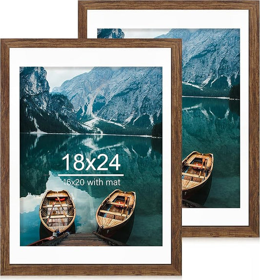 18x24 Frame Set of 2, Rustic Brown Wood Style - Display 18 x 24 Poster without Mat or 16x20 Picture with Mat, Wall Mounting Horizontal and Vertical