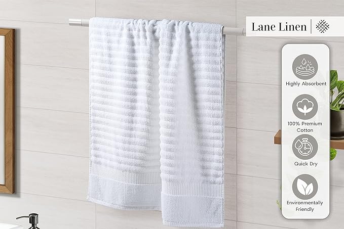 LANE LINEN White Bath Towels Set of 6-100% Cotton Towels for Bathroom, Hotel & Spa - Zero Twist, Premium Quality, Soft, Absorbent, Ribbed Bathroom Towel Set - Includes 2 Bath, 2 Hand & 2 Washcloths