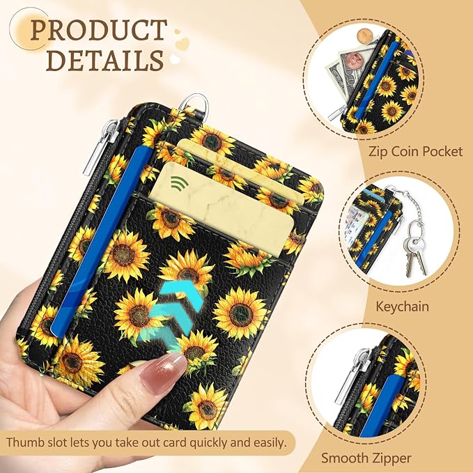 Kelvoris Credit Card Holder Small Wallet Women, Slim RFID, Sunflower | Keychain, Zipper Coin Pocket, Front Pocket Thin Travel Card Case, Minimalist, 6 Card Slots, 1 ID Window, Ladies Gifts Woman