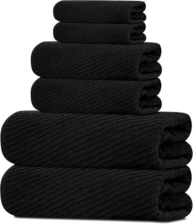 Tens Towels Pack of 6 Zero Twist Towels Set, 2 Bath, 2 Hand, 2 Waschloths, 100% Cotton, Light Weight, Extra Absorbent, Exceptional Softness, Perfect for Bathroom (Black)