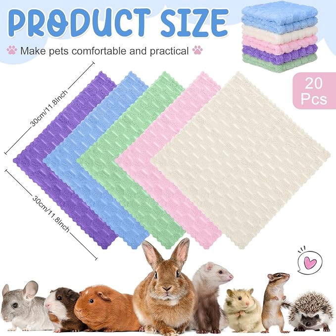Moukeren 20 Pcs Guinea Pig Fleece Bedding Blankets Bulk Washable Small Animal Fleece Cage Liners Pet Sleeping Mat Cover for Hamster Chinchilla Rabbit Hedgehog(12 x 12 Inch,Cloud Style,Bright Color)