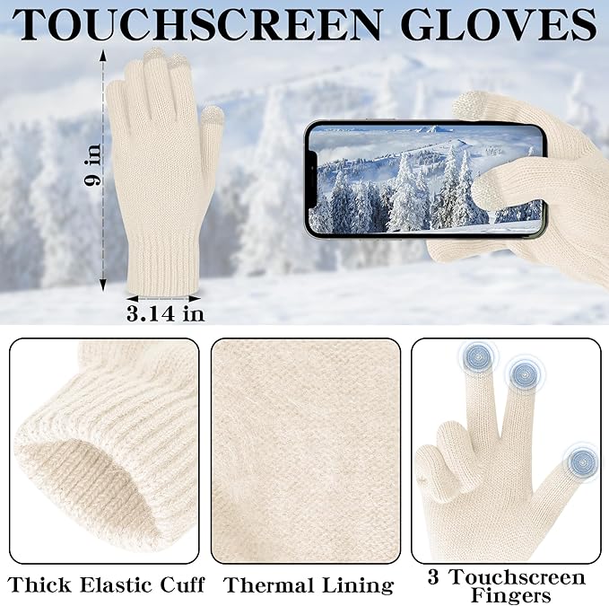 LOROME Women Winter Beanie Hat Scarf Gloves Set, Fleece Knitted Pompom Hat Warm Neck Scarf Touchscreen Gloves Winter Gift