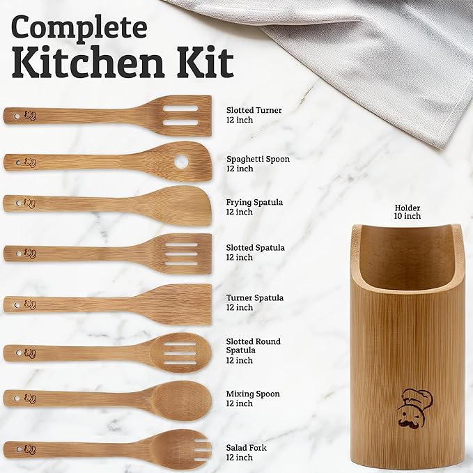 PriorityChef Wooden Spoons for Cooking, 8Pc with Utensil Holder, Non Scratch Bamboo Cooking Utensils, Non-Toxic Wooden Utensil Set, Easy to Clean Kitchen Utensils Set for All Cookware Types