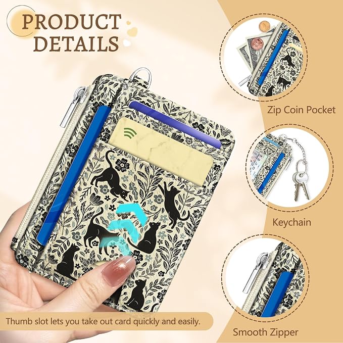 Kelvoris Credit Card Holder Small Wallet Women, Slim RFID, Black Cat | Keychain, Zipper Coin Pocket, Front Pocket Thin Travel Card Case, Minimalist, 6 Card Slots, 1 ID Window, Ladies Gifts Woman