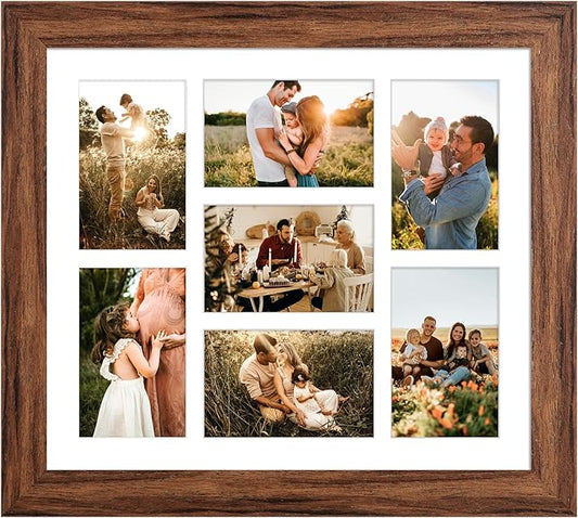 13.5x15.5 Picture Frame Display 7 opening 4X6 Picture Frame Collage,Multi Photo Frame with Mat,Plexiglass,Wall or Tabletop Decor,Carbonized Brown Wood Grain