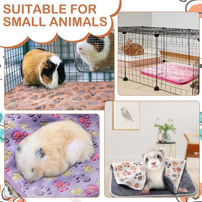 Reginary 4 Pcs Guinea Pig Fleece Blankets, Paw Print, 12 x 12 Inch | Waterproof Washable Cage Liners, Absorbent Double Layer Bedding for Guinea Pigs, Reusable Pads for Hamsters Rabbits