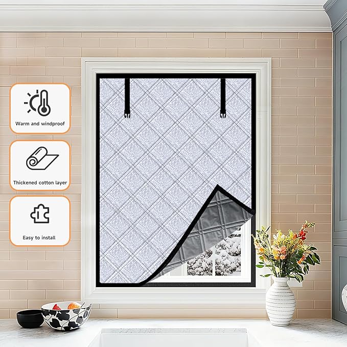 Winter Insulated Window Curtain 23.6"x39", Oxford Cloth Thermal Insulated Window Cover with Buckles,Heavy Duty Window Insulation Kit Fits Windows up to 22.6"x38",Silvery