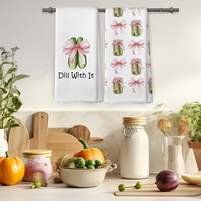 Coquette Pink Bows Pickle Jars Kitchen Towels Set of 2, Cucumber Pickle Lovers Hand Towel, Dill with It Funny Pickle Gifts, Pickle Party Kitchen Decorative Tea Towel Dish Towels 16x24 Inch