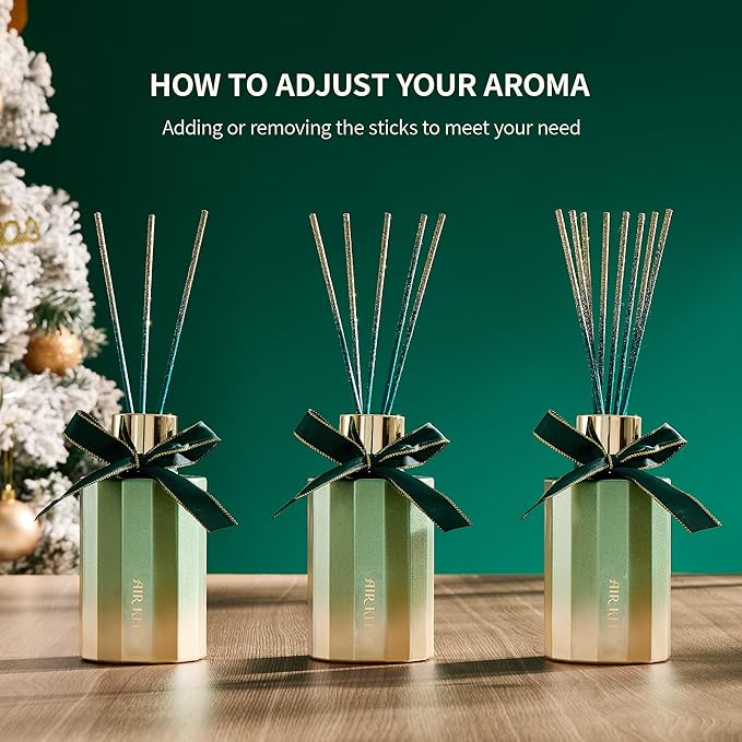 Airkeep Reed Diffuser Set - Balsam & Cedar Christmas Reed Diffuser with 8 Reed Sticks - Scented Oil Diffuser for Home & Office Diffuser Bathroom Shelf Decor - Ideal Gift for Holidays 7.1oz