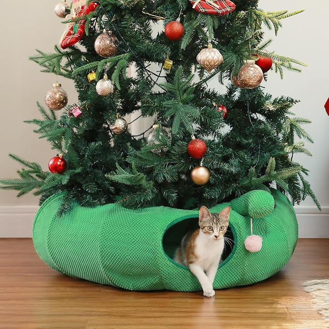 PEQULTI Flower Donut Cat Tunnel Bed Washable Plush Mat Multi for Small Pets | Round play tube with soft detachable plush mat, multi-pet toy fit indoor cats, kittens, puppies, rabbits and ferrets
