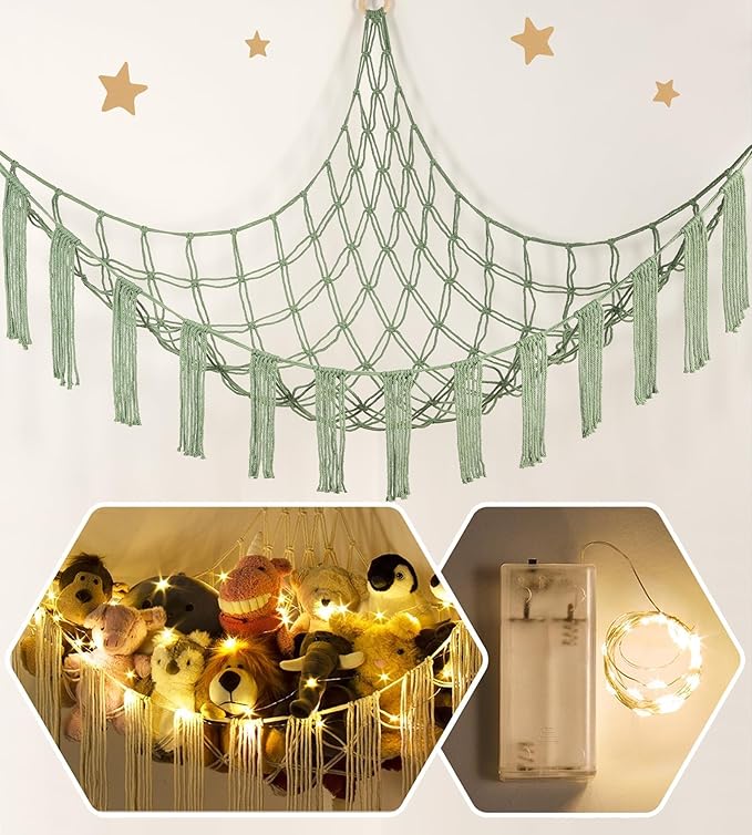 RelaxScene Stuffed Animal Hammock Corner Storage with LED Light - Plush Hammock Large Plushie Net - Stuffed Animal Holder Hanging Organizer - Teddy Bear Hammocks Room Decorations