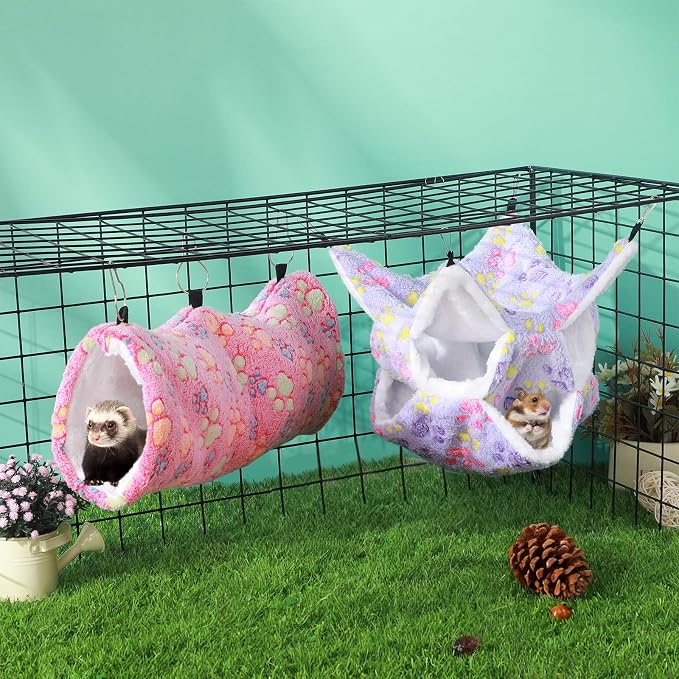 Sweetude 6 Pcs Hammock Tunnel Set for Small Pets,Dreamy,Paw | 3 Tier Hanging Hideout, Guinea Pig Hamster Chinchilla Ferret, Soft Plush Cage Accessories for Sleep Play and Rest