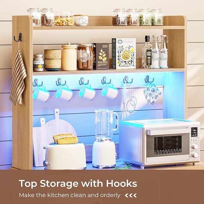 Itaar 35.4 inch Bakers Rack with Power Outlet and Storage, Farmhouse Coffee Bar Cabinet, Microwave Stand Kitchen Cabinet with Hutch, LED Lights, Wine Glass Holder and 8 Hooks, Oak