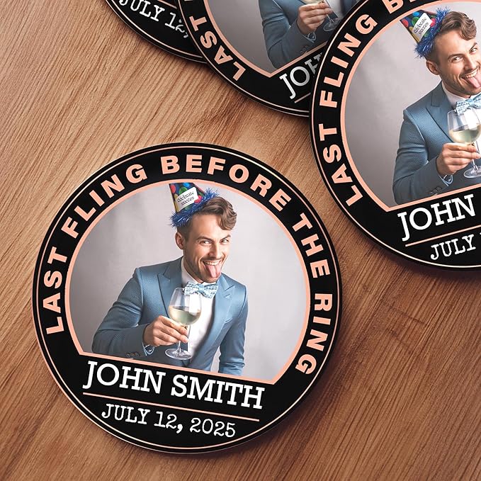 40 Pack Personalized Bachelor Party Coasters, Custom Cardboard Drink Coasters with Photo Print and Text, Fun Bachelor Party Favors and Gifts, 3.95" Round, Design 4
