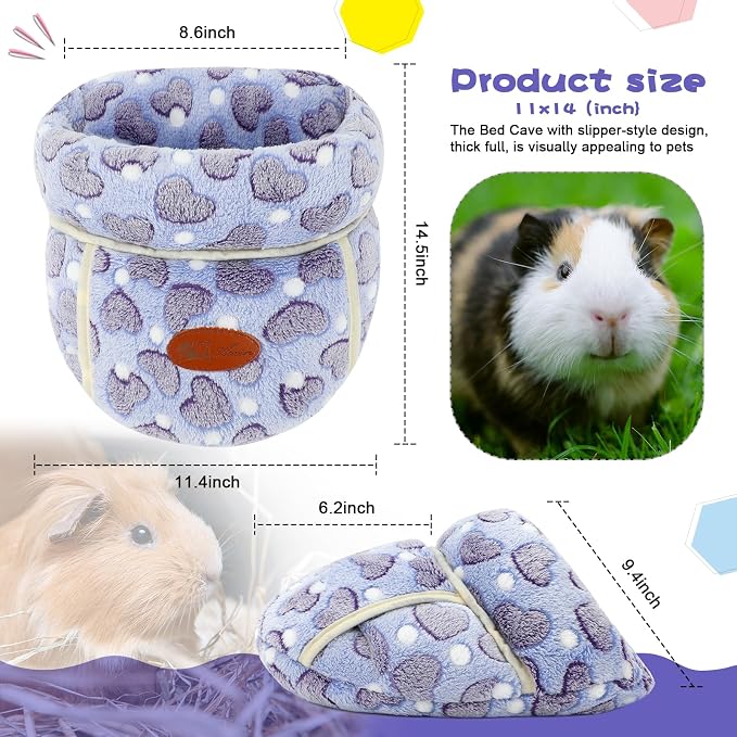 YUEPET Guinea Pig Bed, Warm Fleece Cuddle Cave, Purple Heart | Guinea Pig Cuddle Cave Cozy House, Portable Guinea Pig Hideout, Washable Cushion Pad, Folds Flat for Storage