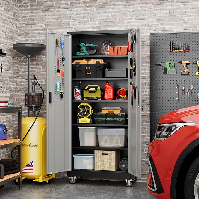 71" H Metal Garage Storage Cabinet with Wheels，Steel Storage Cabinet with Door,5 Adjustable Shelves and Pegboard for Garage Home,Required Assembly,Black &Dark Grey