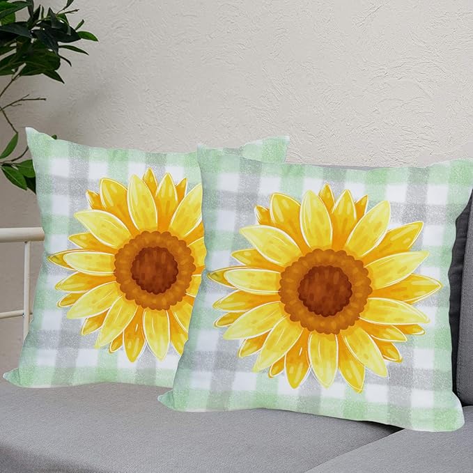 Fukeen 2 Pack Waterproof Sunflower Pillow Covers 24x24 Inch Green Buffalo Plaid Yellow Floral Throw Pillow Cases Spring Summer Holiday Farmhouse Decorations Double Sided Cushion Cover Outdoor