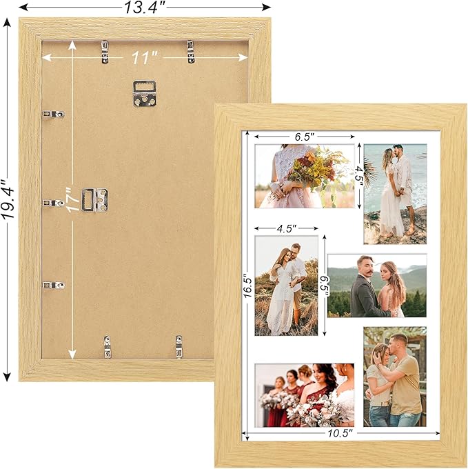 11x17 Picture Frame Display 6 picture frame collage 4x6,Multi Photo Frame with Mat,Plexiglass,Wall Mount Decor,Natural Wood Grain