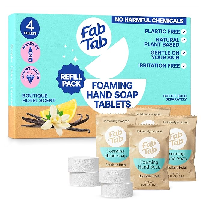 Fab Tab Foaming Hand Soap Kit - Natural Hand Soap - Bathroom Hand Wash - Plant-Based - No Harsh Chemicals - Boutique Hotel scent - 4 Pack. Makes 4 x 11.9 fl oz (Bottle Not Included)