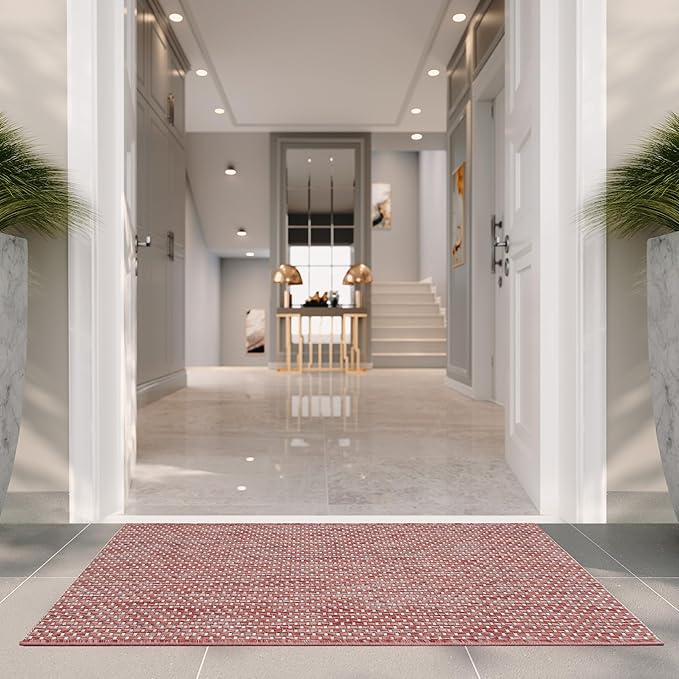 SAFAVIEH Washable Rug Outdoor Courtyard Collection - 2'3" x 5', Red & Beige, Non-Shedding & Easy Cleaning, Ideal for Patio, Front Door, Entryway, Mudroom, Doormat (CY8521-36521)