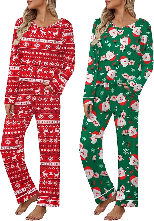 Ekouaer Womens 2 Pack Pajama Set Long Sleeve Pajamas Top and Pants V Neck Pjs Set Soft Loungewear with Pockets