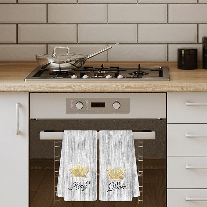 His and Hers Kitchen Towels Set of 2 - Wedding Engagement Gifts for Newlyweds Couples Bride and Groom, Just Married Honeymoon Gifts, King and Queen Decorative Hand Towels for Bathroom 16x24