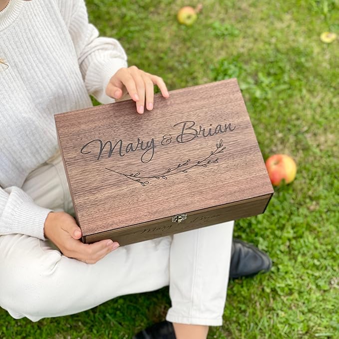 Personalized Memory Wooden Keepsake Decorative Letter Box with lock hinged lid – Custom Wedding Engagement Couple gift for Him, Her, Boyfriend Girlfriend Friend Time capsule box (Walnut)