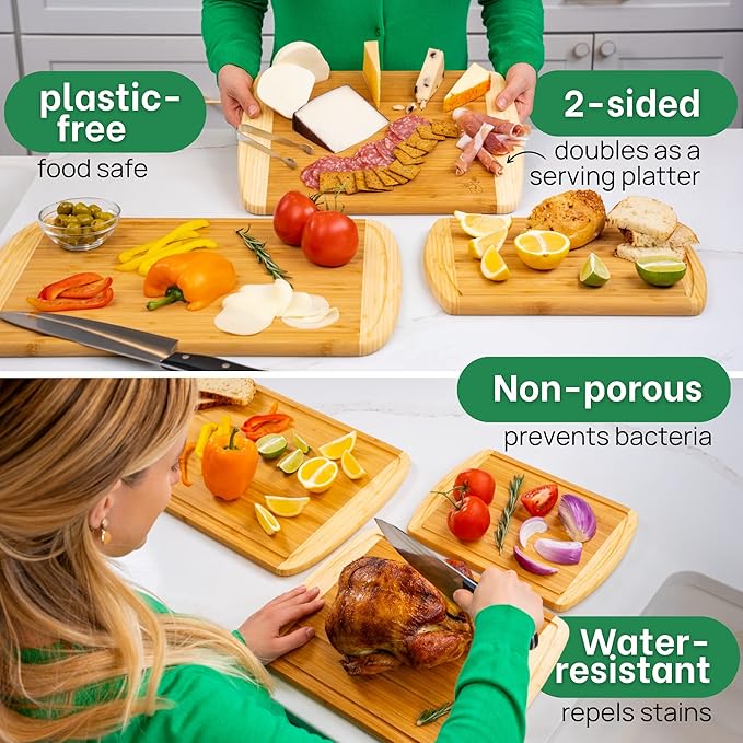 Organic Extra Large Bamboo Cutting Board Set of 3 with Lifetime Replacements – Premium Wooden Kitchen Boards for Chopping, Carving & Serving, Non-Toxic & Durable – by Greener Chef