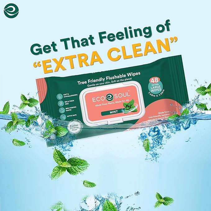 ECO SOUL Bamboo Flushable Wipes For Adult - Mint, 4 Pack of 48, Eco-Friendly, 99% Purified Water, Hypoallergenic, Soft, BPA & Paraben Free