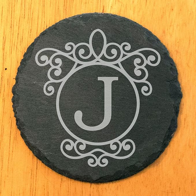Personalized Monogram Family Coasters, Natural Stone Set, Birthday, Wedding, Customized, Rustic - Round Slate - Set of 4