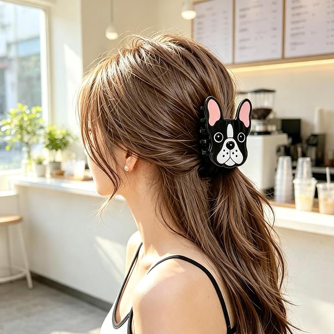 Cute French Bulldog Hair Claw Clips Dog Hair Clips Acrylic Hair Barrettes | Black White Puppy Hair Jaw Clips Animal Hair Accessories Strong Hold Nonslip Grip Clips for Women Daily Holiday Party Styling