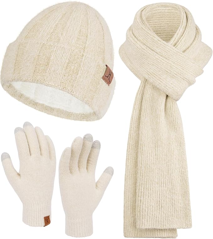 Womens Winter Warm Knit Beanie Hat Touchscreen Gloves Long Neck Scarf Set with Fleece Lined Skull Caps Gifts for Women