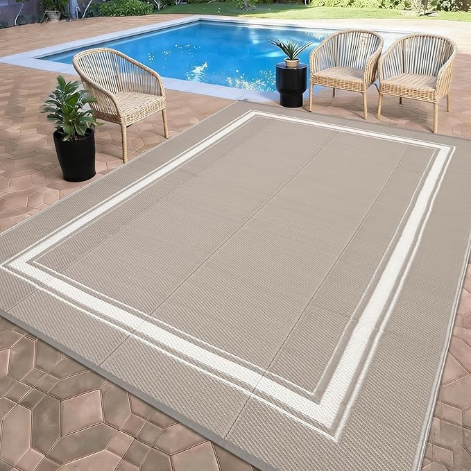 Waterproof Outdoor Rug 9x12 Reversible Plastic Straw Rug Modern Bordered Large Floor Carpet UV Resistant Camping Mat for Outsides RV Patio Backyard Picnic Deck Grey/White