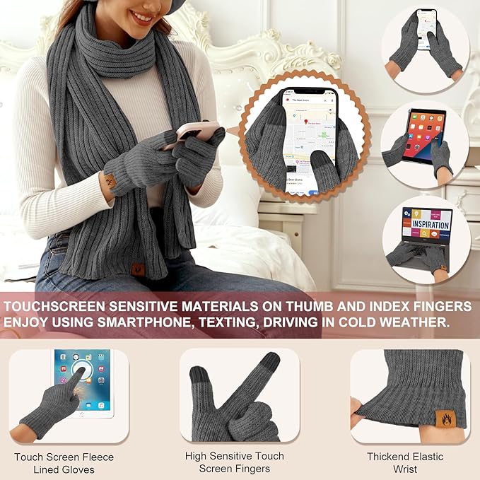 HEEKPEK Winter Beanie Hats Scarf Gloves Ear Muffs Fuzzy Socks 5pcs Set for Women Cold Weather Beanies Touch Screen Gloves