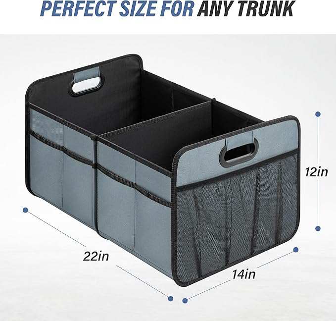 Simple Deluxe Car Trunk Organizer for SUV, Collapsible 2 Compartment 50L Automotive Storage Box with 5 Pocket, 600D Waterproof Oxford Polyester & Non Slip Bottom, Reinforced Handle, Grey-Green