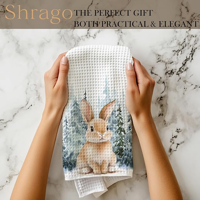 Winter Christmas Bunny Kitchen Towels, Gifts for Bunny Lovers Dish Tea Towels for Kitchen, Winter Pine Tree Forest Decorative Hand Towel for Kids Bathroom Decor, 16x24 Inch
