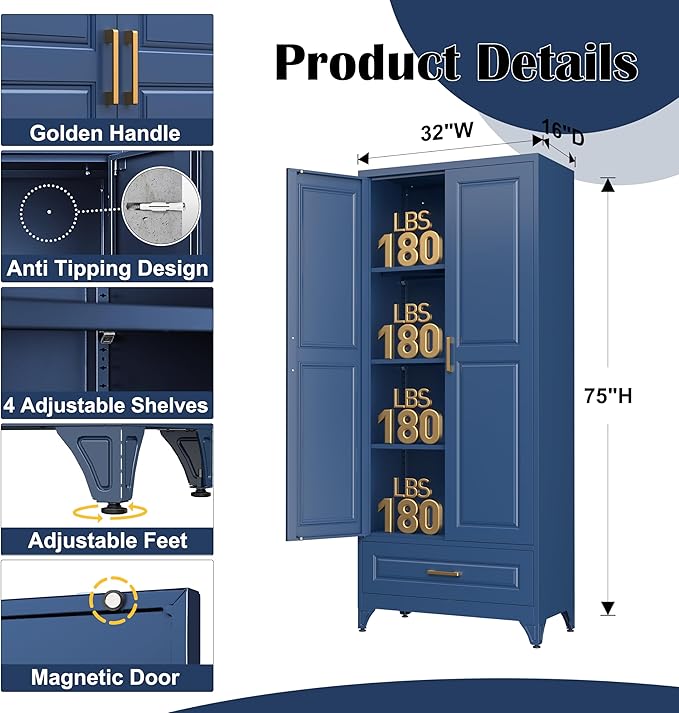 75" Kitchen Pantry Cabinet with Drawer, Metal Storage Cabinets with Doors and 4 Adjustable Shelves,Blue Kitchen Cabinet with 2 Gold Handles,Food Cupboard for Livingroom,Pantry, Bathroom